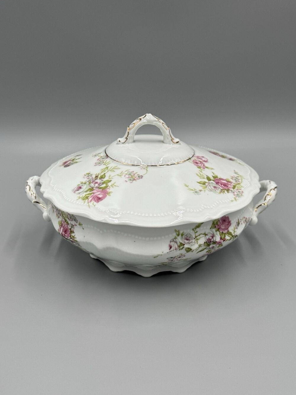 Royal Austria Covered Soup Tureen Pink Floral Scalloped Gold Colored Trim
